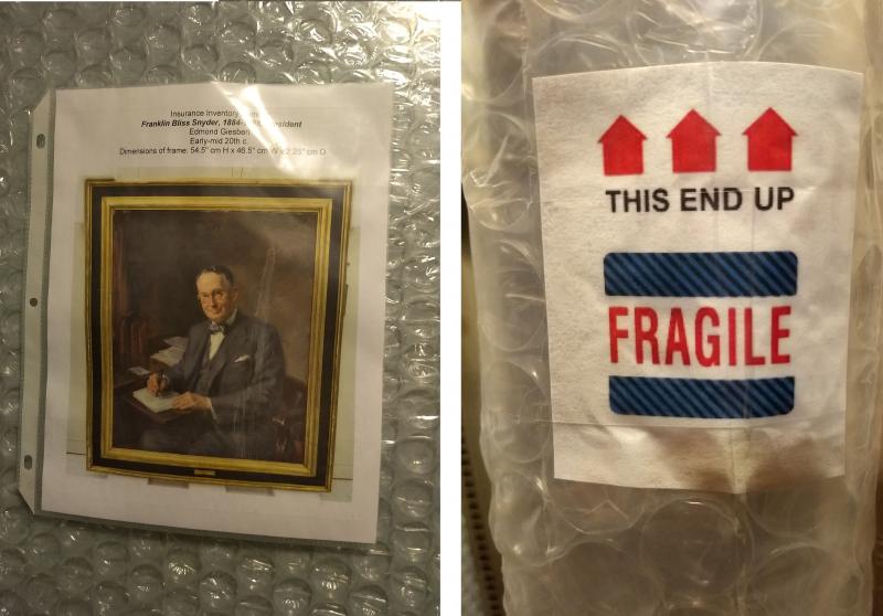 2 labels, the first containing a photo of a painting of Franklin Bliss Snyder by Edmond Giesbert with inventory information: title, artist, date, and dimensions and the second label indicating Fragile, This End Up with three arrows
